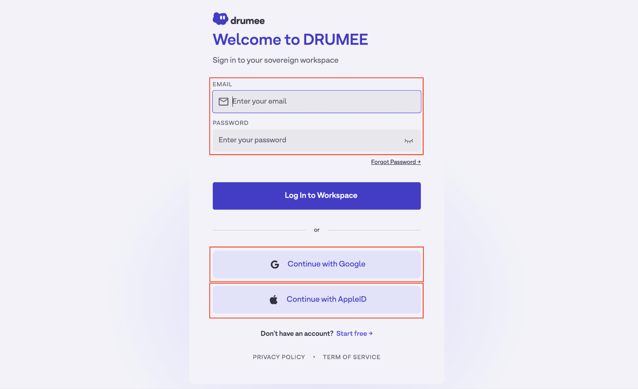 Drumee account login and sign-up screen