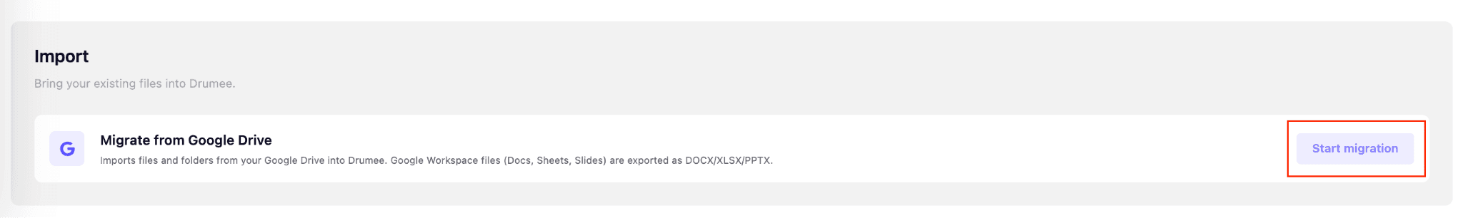 Start Google Drive migration in Drumee